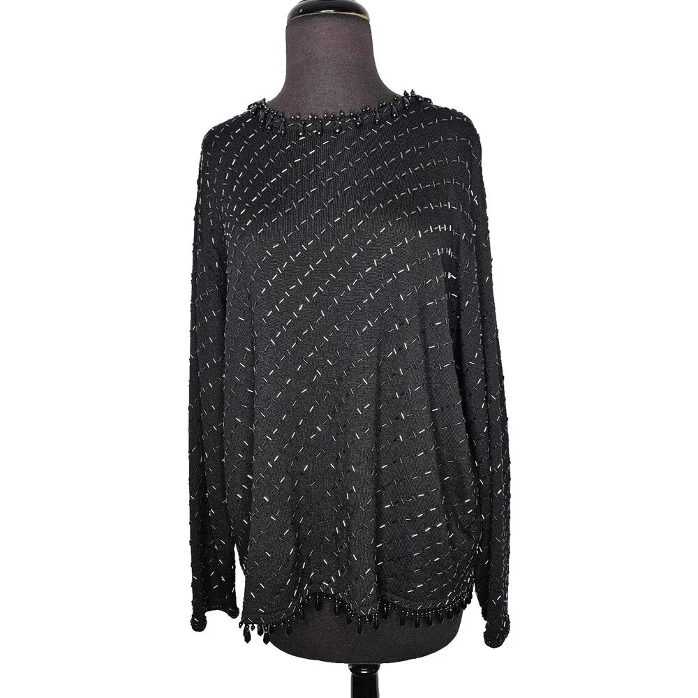 Vtg Valerie Stevens Evening Sweater Large Merino Wool Black Beaded Sophisticated